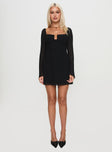 back view of model wearing Princess Polly Monologue Long Sleeve Mini Dress Black Plunger 