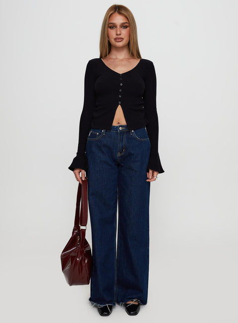 side view of model wearing Princess Polly Take My Time Long Sleeve Top Black Full Sleeves V-Neck 