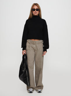 front view of model wearing Princess Polly Sayge Mock Neck Knit Sweater Black cropped 