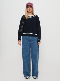 side view of model wearing Princess Polly Covina V Neck Knit Sweater Navy 