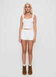 back view of model wearing Princess Polly Take On Me Rib Short White High Waisted Shorts 