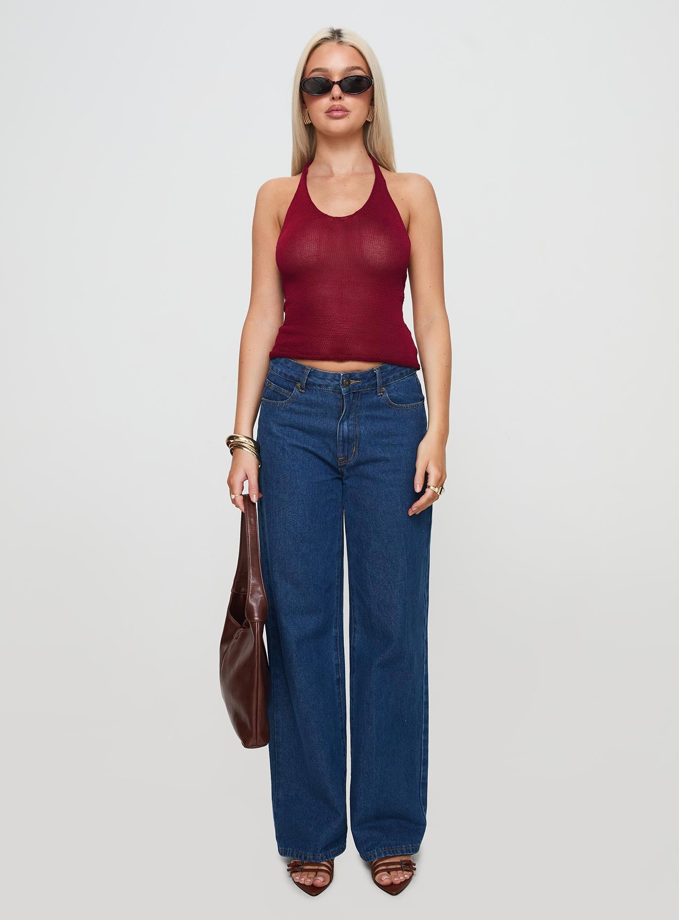 front view of model wearing Princess Polly Priscilla Top Red Sleeveless Scoop Neck 