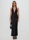 front view of model wearing Princess Polly Vasilisa Halter Neck Maxi Dress Black Plunger 