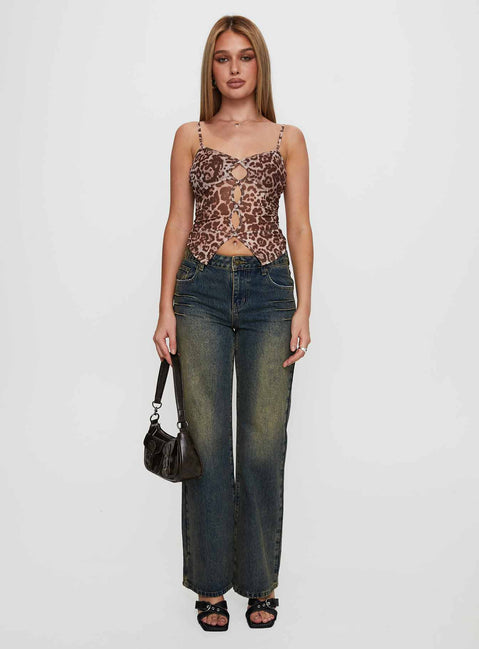 front view of model wearing Princess Polly Inverness Pinched Detail Wide Leg Jean Tea Mid Rise 