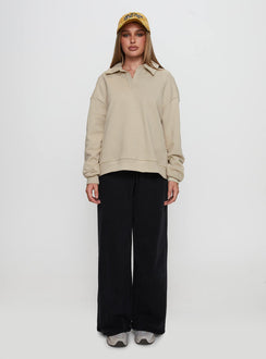 front view of model wearing Princess Polly Back Around Collared Fleece Jumper Oat Long 