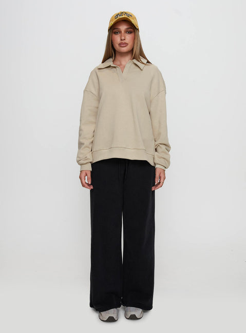 front view of model wearing Princess Polly Back Around Collared Fleece Jumper Oat Long 