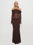 front view of model wearing Princess Polly Make Your Mark Off Shoulder Maxi Dress Chocolate Straight Neck 