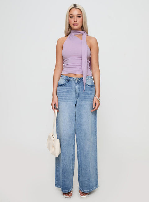 side view of model wearing Princess Polly Anderstone Neck Tie Top Purple Sleeveless Asymmetric Neckline 