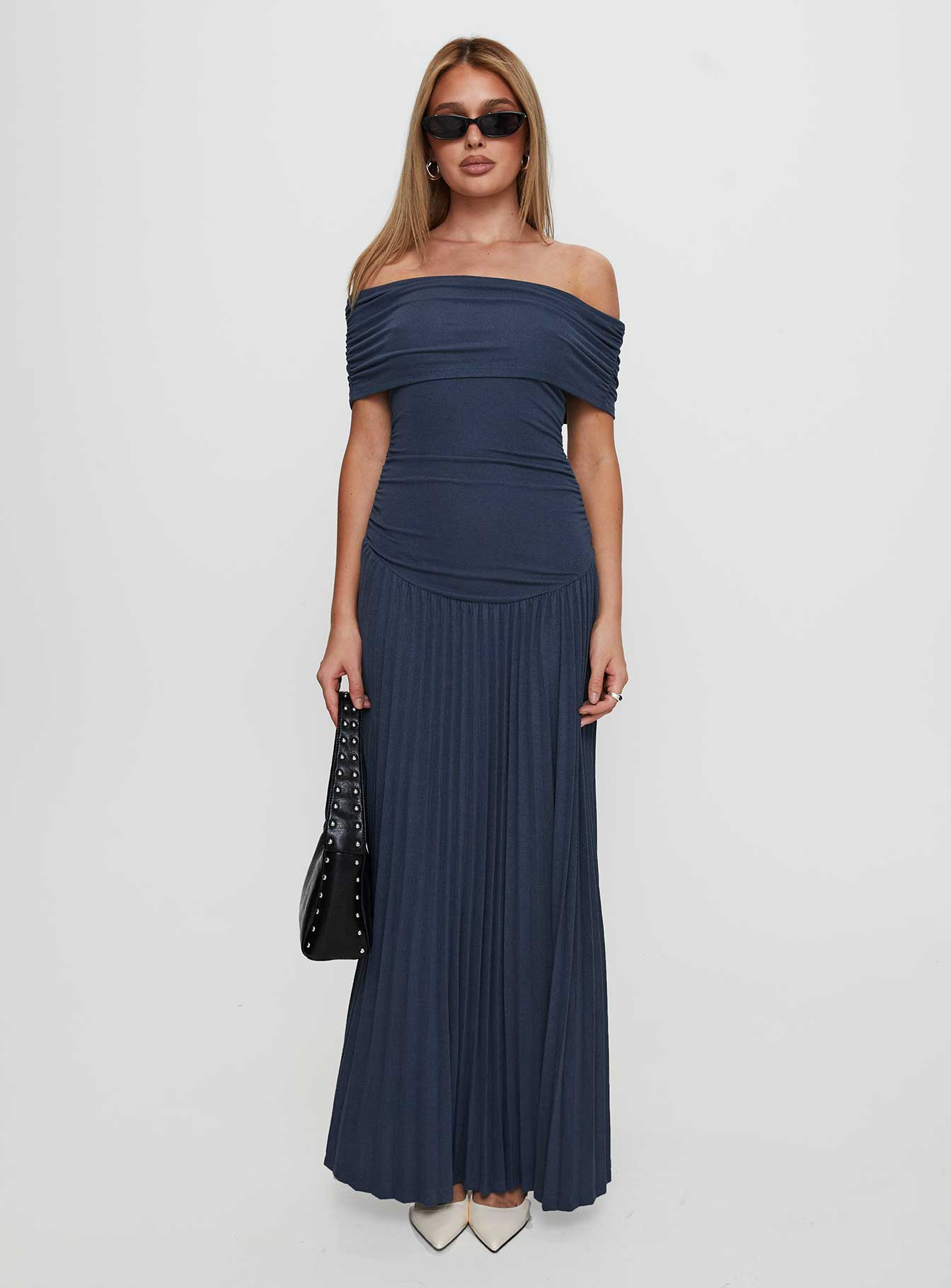 front view of model wearing Princess Polly Field Of Dreams Maxi Dress Navy Straight Neck 