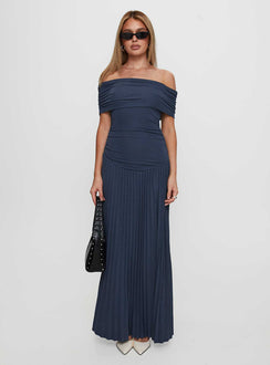 front view of model wearing Princess Polly Field Of Dreams Maxi Dress Navy Straight Neck 