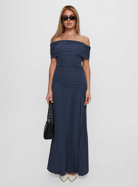 front view of model wearing Princess Polly Field Of Dreams Maxi Dress Navy Straight Neck 
