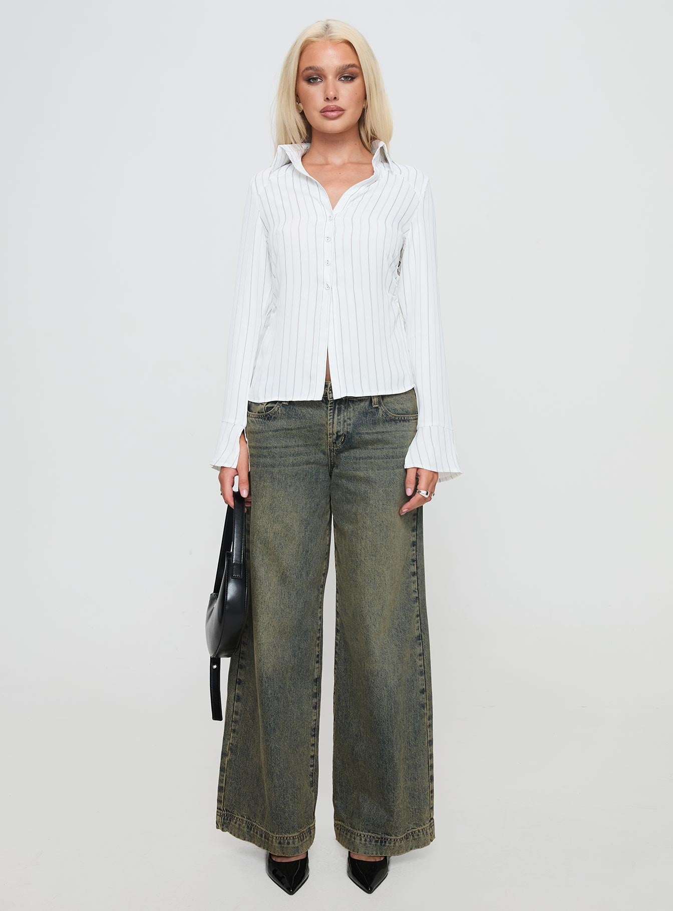 back view of model wearing Princess Polly Aldgate Long Sleeve Top White Full Sleeves V-Neck 