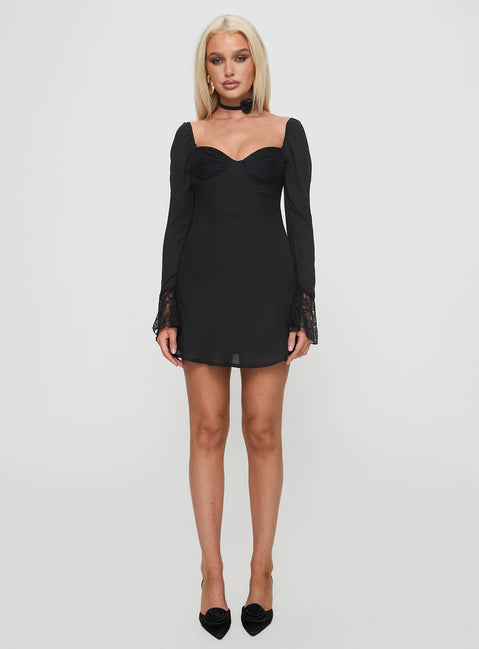 front view of model wearing Princess Polly Softer Side Long Sleeve Mini Dress Black Sweetheart Neckline 