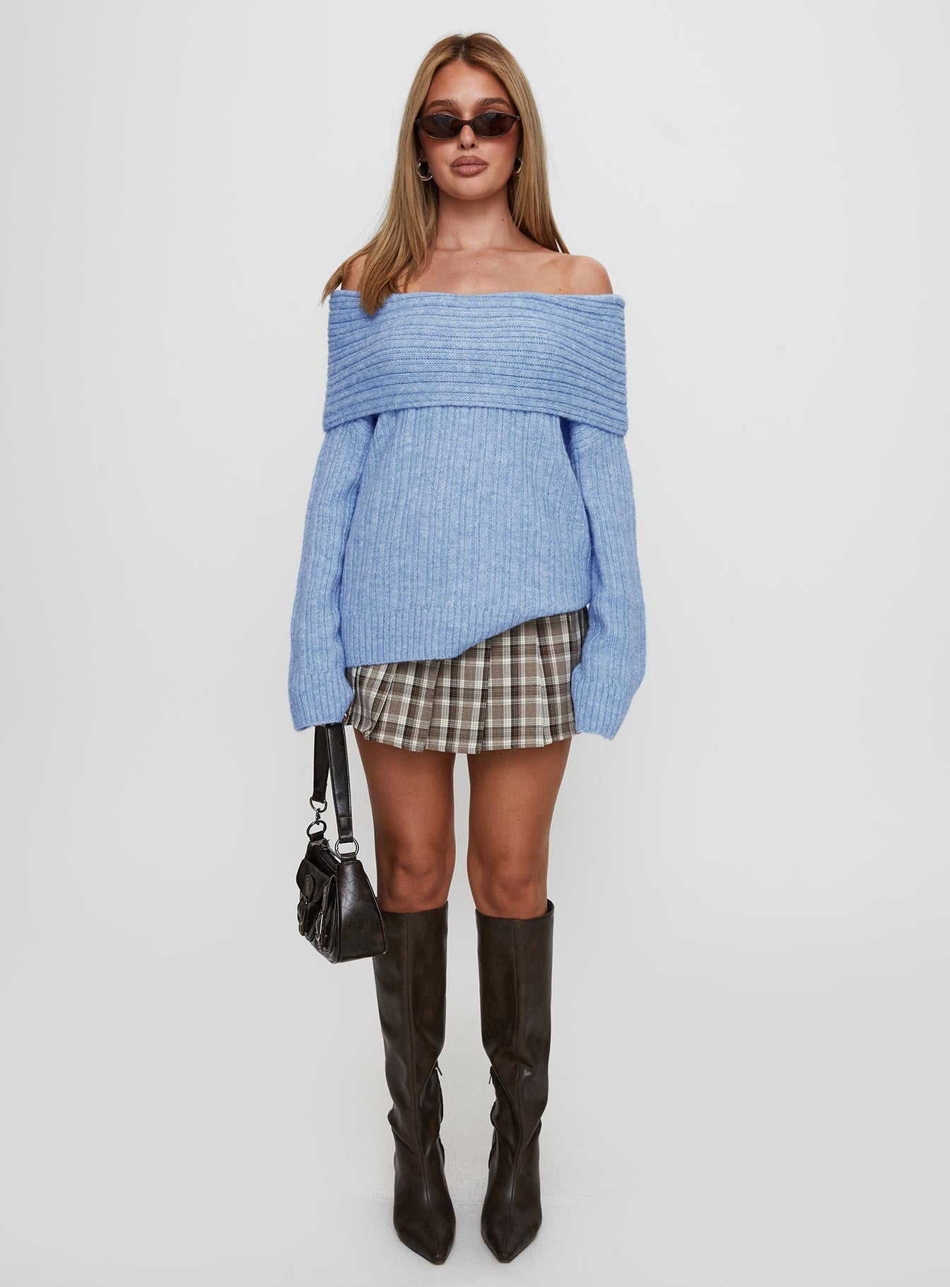 front view of model wearing Princess Polly Snowie Off Shoulder Knit Sweater Blue 