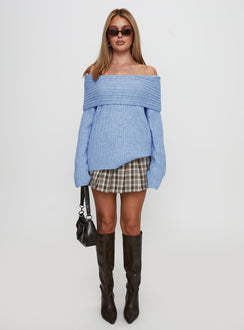 front view of model wearing Princess Polly Snowie Off Shoulder Knit Sweater Blue 