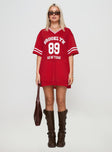 side view of model wearing Princess Polly Michail Jersey Mini Dress Red V-Neck 