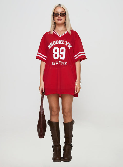 side view of model wearing Princess Polly Michail Jersey Mini Dress Red V-Neck 