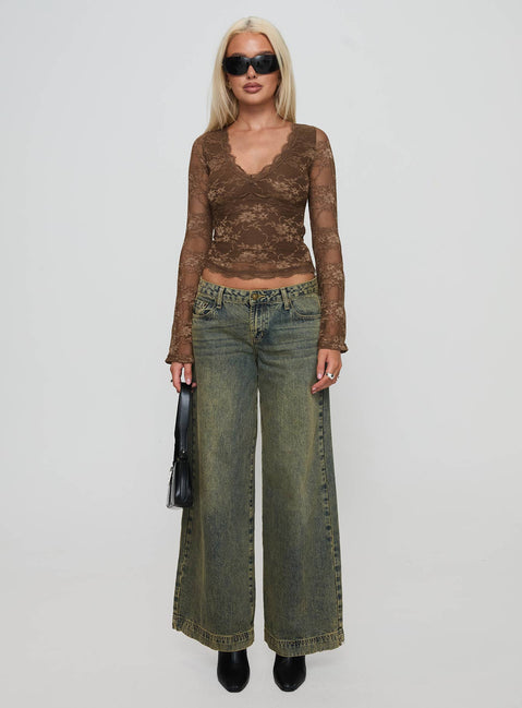 front view of model wearing Princess Polly Pitter Long Sleeve Top Brown Full Sleeves V-Neck 