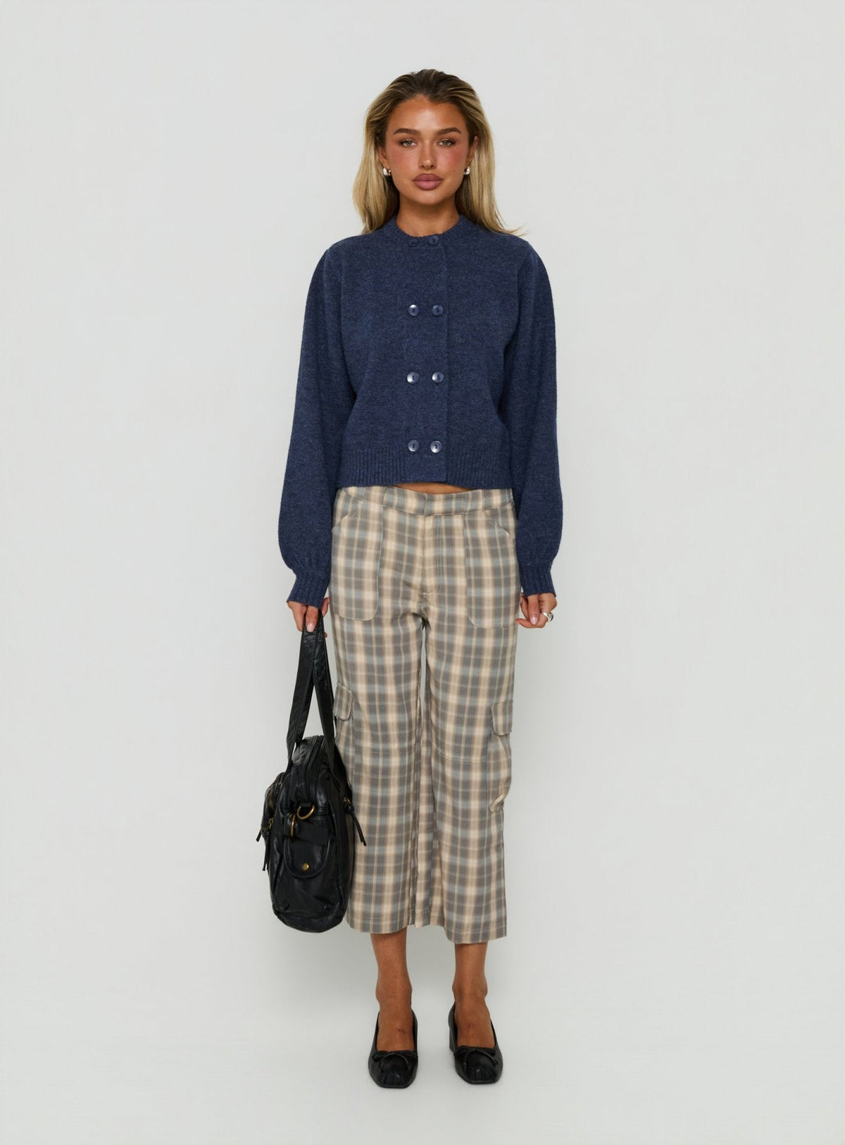 Discover the Kammi Button Up Cardigan Navy in womens-jumpers with short length front view of model wearing