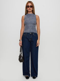 front view of model wearing Princess Polly Get It Together High Neck Top Blue Marle Sleeveless High Neck 