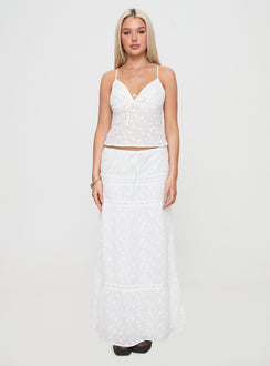   side view of model wearing Princess Polly Eivan Maxi Skirt White Maxi 