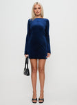 front view of model wearing Princess Polly Syrene Velvet Mini Dress Navy Boat Neck 