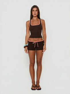 Lyndsie Rib Lace Racer Back Tank Brown / Coral