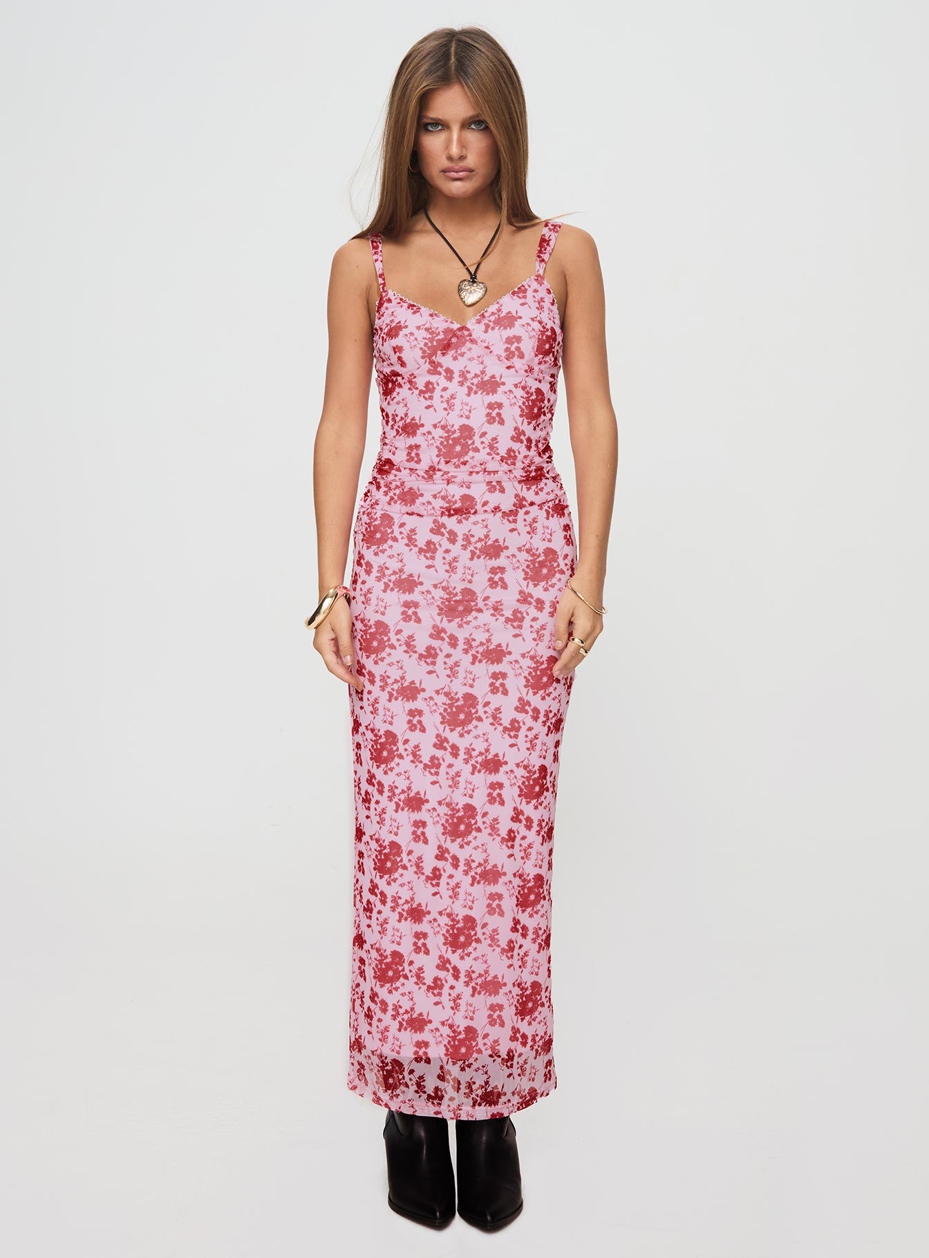 front view of model wearing Princess Polly Cotter Maxi Dress Pink / Floral Sweetheart Neckline 