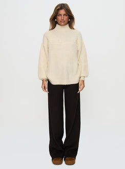 front view of model wearing Princess Polly Wistfully Funnel Neck Knit Sweater Cream Long 