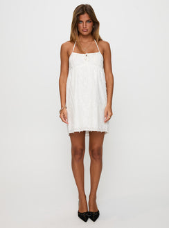 front view of model wearing Princess Polly Daisy Chains Broderie Halter Mini Dress White Scoop Neck 