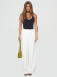 White Linen pants button fastening, subtle pleats at waist, twin hip pockets, wide leg