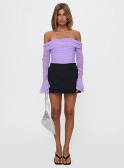 side view of model wearing Princess Polly Feel A Way Off Shoulder Bodysuit Lilac Long Sleeve Tops 