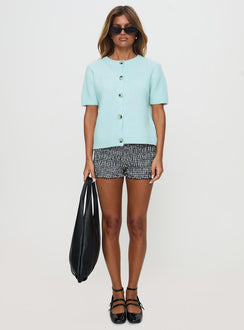 side view of model wearing Princess Polly Wait A Lifetime Short Sleeve Cardigan Blue Cropped 