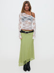 back view of model wearing Princess Polly Dreamcatcher Lace Maxi Skirt Green Maxi 