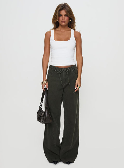 front view of model wearing Princess Polly Bruiser Tie Waist Mid Rise Wide Leg Jeans Green High Rise Jeans 