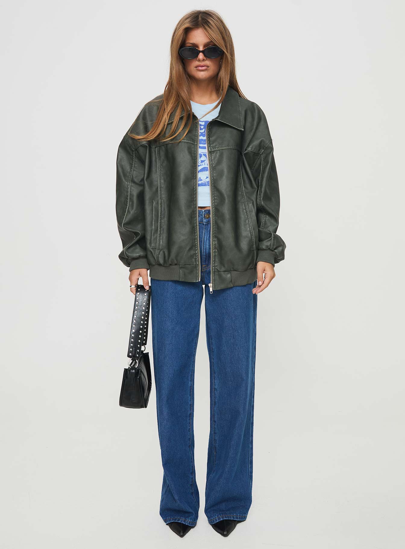 Faux leather bomber jacket Classic collar, ribbed waistband and cuffs, zip front fastening, twin hip pockets 