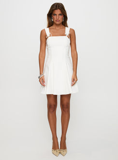 front view of model wearing Princess Polly Honey Suckle Tie Up Mini Dress White Square Neck 