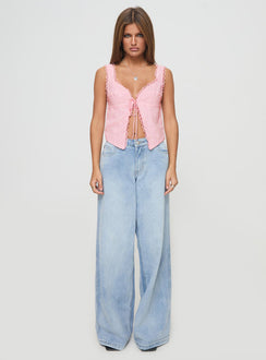 back view of model wearing Princess Polly Merrelle Top Pink Sleeveless Plunger 