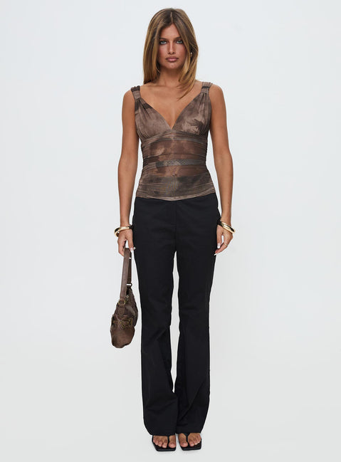 front view of model wearing Princess Polly Aislyn Flare Pant Black High Waisted Pants 