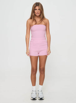 side view of model wearing Princess Polly Jhett Knit Shorts Pink High Waisted Shorts 