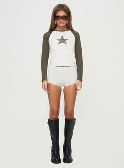 front view of model wearing Princess Polly Glitta Shorts Grey mid-rise 