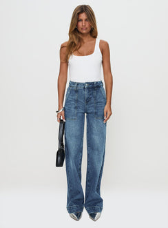 front view of model wearing Princess Polly Carsen Wide Leg Jeans Washed Blue High Waisted 