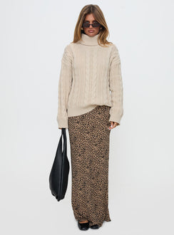 front view of model wearing Princess Polly Bryden Turtleneck Cable Knit Sweater Beige Long 