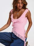 Pink Mesh crop top Fixed shoulder straps, scooped neckline, ruffle detail, low back