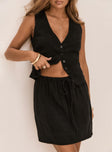 front view of model wearing Princess Polly Ginger Linen Blend Vest Black Sleeveless Plunger 