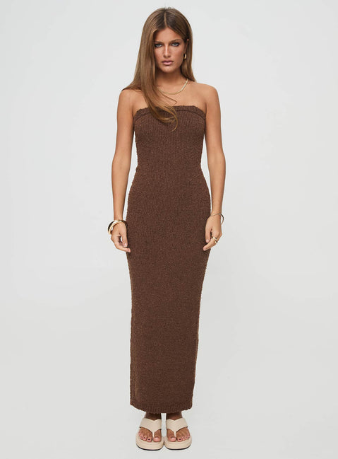 front view of model wearing Princess Polly Cloud Strapless Boucle Maxi Dress Chocolate Straight Neck 