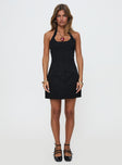 front view of model wearing Princess Polly Mallorie Halter Mini Dress Black Scoop Neck 