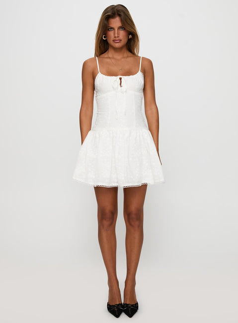 front view of model wearing Princess Polly Peonies Embroidered Mini Dress White Scoop Neck 