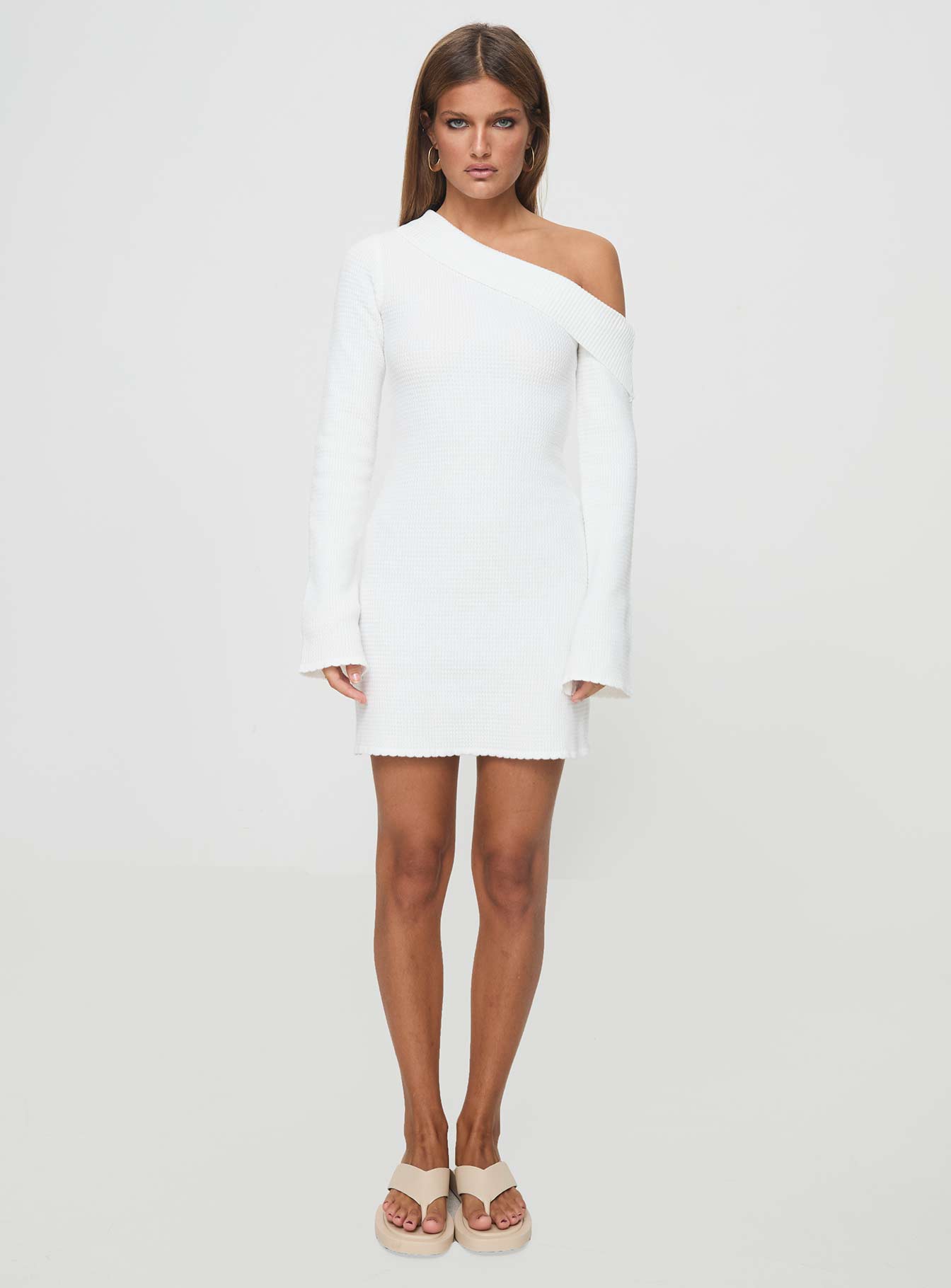 front view of model wearing Princess Polly Holveck Off The Shoulder Mini Dress White Asymmetric Neckline 