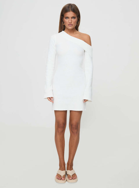 front view of model wearing Princess Polly Holveck Off The Shoulder Mini Dress White Asymmetric Neckline 